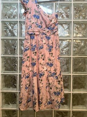 eesome Pink One-Shoulder Floral Dress with Blue Roses